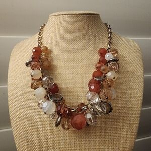 Chunky Beaded Cha Cha Bib Statement Necklace Earth Tone Cluster Faceted Acrylic